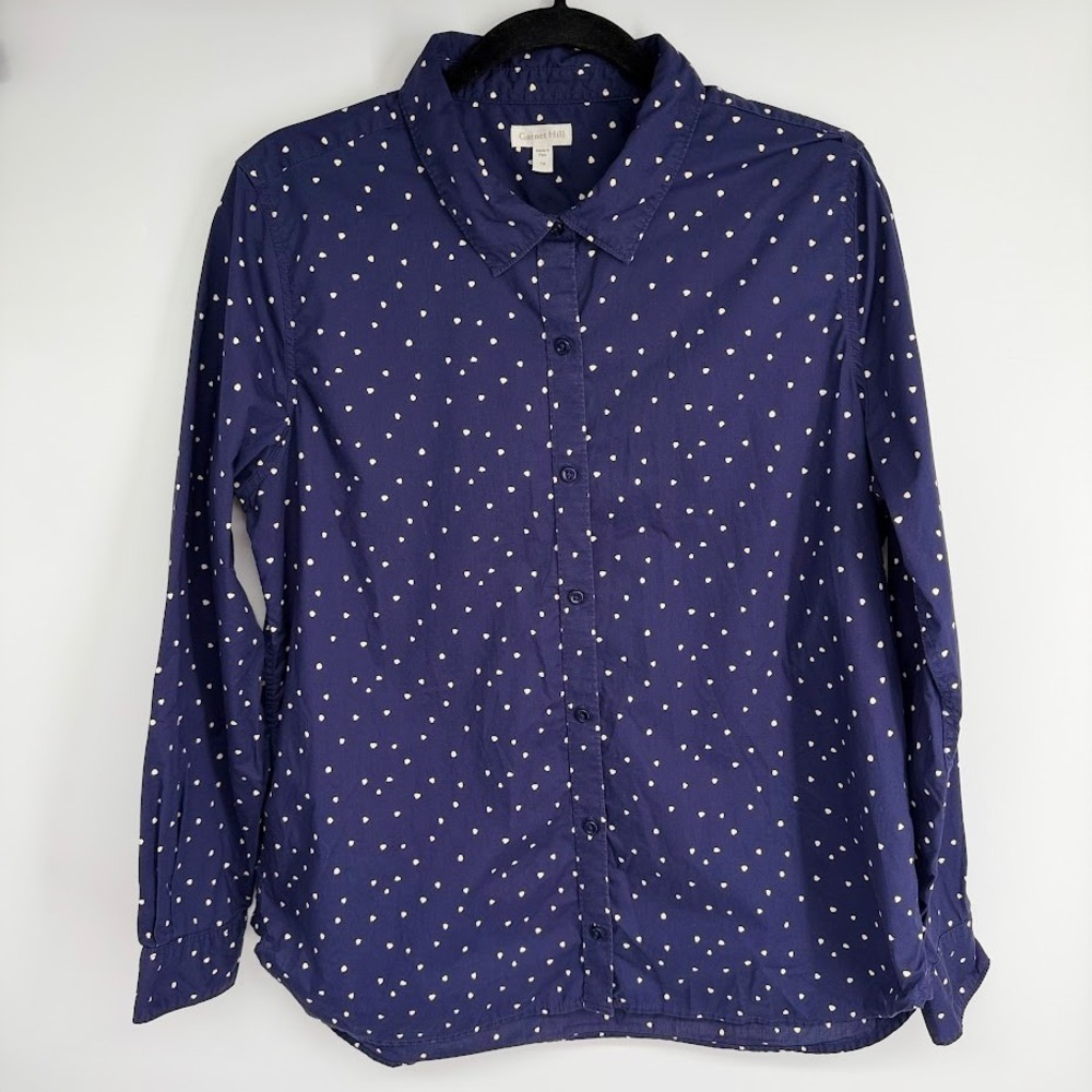 Garnet Hill Organic Pima Cotton Button Up Shirt Womens 14 Navy Polka Office Dot